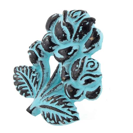 Turquoise Rose With Branch Distressed Iron Dresser Knob